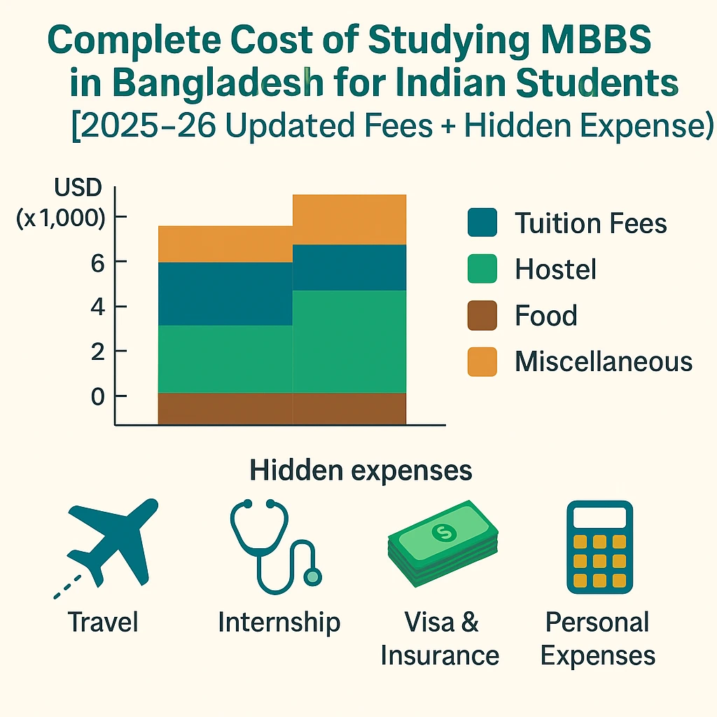 Infographic showing the complete cost of studying MBBS in Bangladesh for Indian students (2025–26), featuring a bar chart of tuition, hostel, food, and miscellaneous expenses, along with icons for hidden costs like travel, internship, visa, insurance, and personal expenses